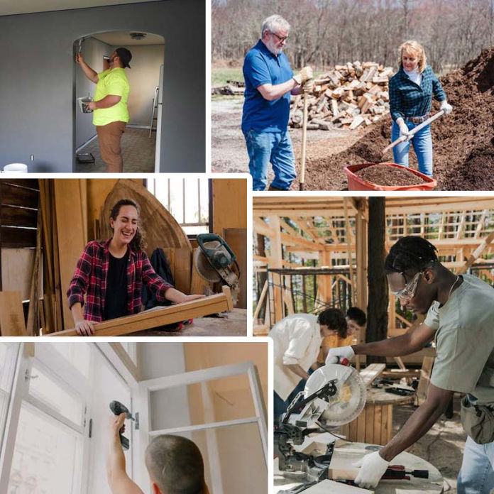 Collage of photos showing volunteers working on a Habitat home being built.
